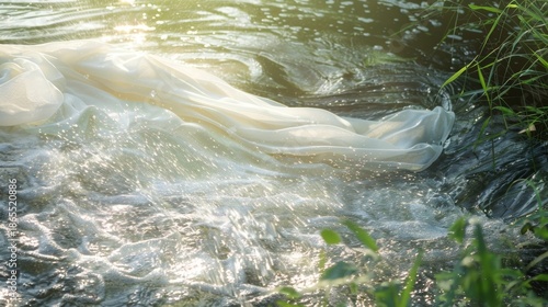 The gentle ebb and flow of the river harmonizing with a delicate fabric waving in the wind.