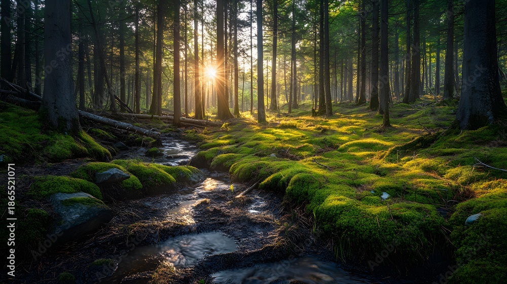 Obraz premium Sunbeams illuminate a stream flowing through a lush green mossy forest.