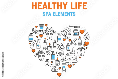 Healthy life spa elements icons in heart shape with beauty and wellness symbols