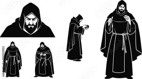 Hooded monk silhouettes, medieval character, black robe figure, spiritual pose, vector illustration, mysterious man, religious art, storytelling design, fantasy icon, character concept