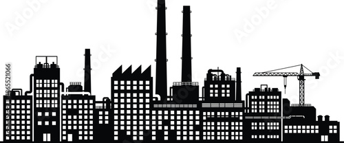 Industrial factory skyline silhouette, manufacturing plant buildings, refinery and power plant illustration, construction crane, industry cityscape graphic design