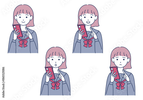 スマートフォンを使っている女子学生のイラストセット