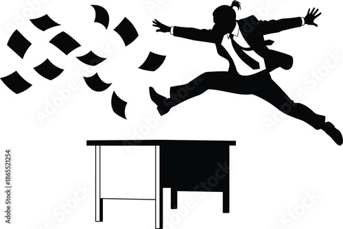 Businessman, jumping, over, desk, silhouette, escape, freedom, office, stress, dramatic, action, urgency, papers, flying, energetic, workplace, leap, corporate, motion, black
