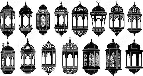 Islamic lantern set, ornate Arabic lamps, decorative Ramadan and Eid lantern silhouettes, Middle Eastern vintage lantern illustration collection for festive designs