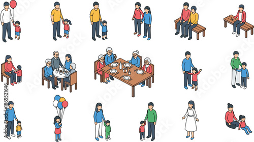 Isometric family scenes, bonding moments, dining together, walking hand-in-hand, balloon fun, comforting gestures, everyday life, colorful illustration, parent-child interaction