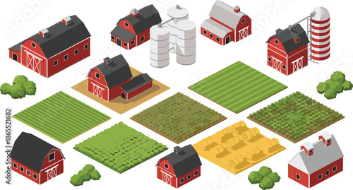 Isometric farm buildings and fields, agricultural barns, silos, crop plots, farmland illustration set for rural landscape design, farming projects, and eco concepts