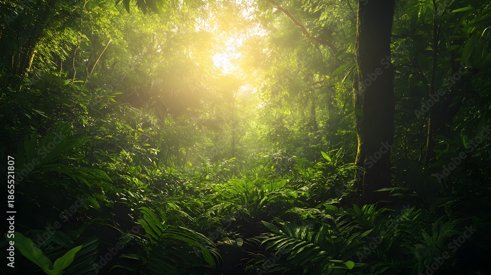 Fototapeta premium Sunlight streams through the dense foliage of a lush tropical jungle, creating a mystical and ethereal atmosphere.