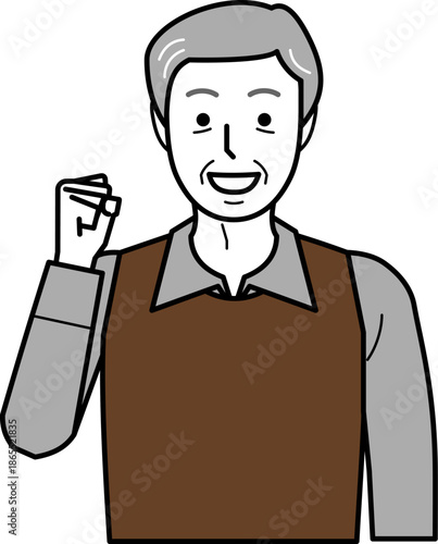 正面向き。ガッツポーズをするシャツとベストを着た高齢男性。