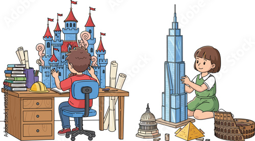 Kids building architecture models, creative engineering illustration, children designing structures, famous landmark miniatures, educational construction play vector artwork