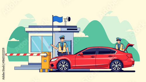 Toll booth staff inspecting vehicle at payment station