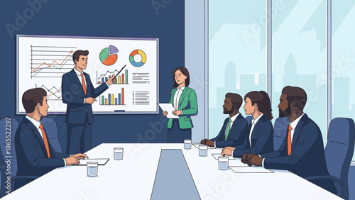 Business meeting with presentation and team discussion