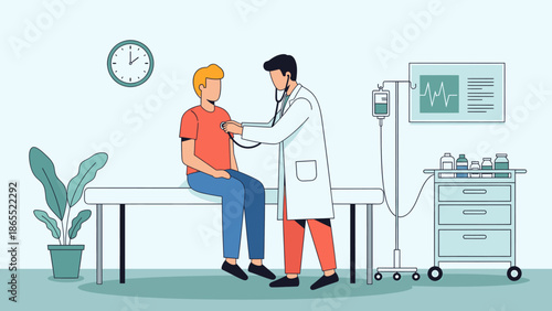 Doctor examining patient in hospital room with st page