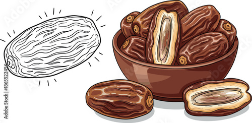 Detailed vector illustration of dried date fruits in a bowl with line art drawing isolated on white background.