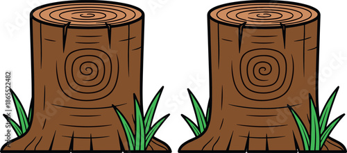 Detailed vector illustration of twin tree stumps with wood grain and green grass isolated on white background