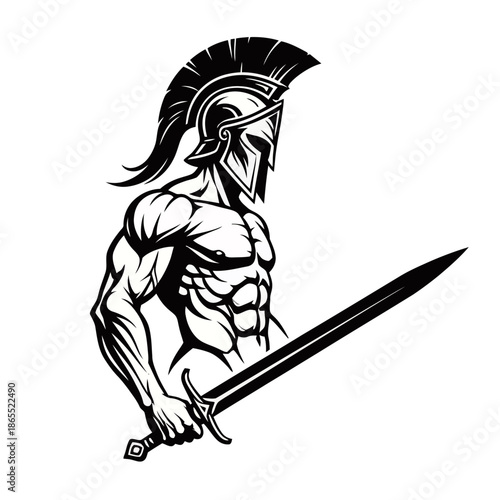 A powerful illustration of a muscular Spartan warrior in full armor holding a sword.