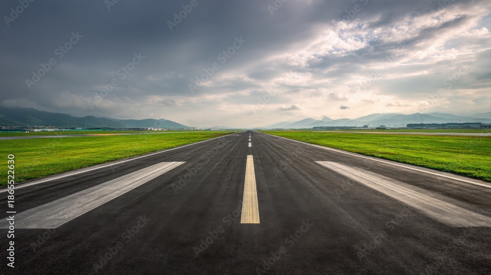 Fototapeta premium Airport Runway Perspective with Overcast Sky: A Journey Concept for Travel and Business