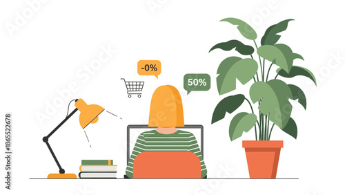 Woman shopping online on page with discount offers