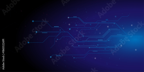 Abstract circuit board futuristic technology processing background. Technology lines circuit and dots on blue background, circuit board network connection. 
