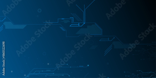 Abstract circuit board futuristic technology processing background. Technology lines circuit and dots on blue background, circuit board network connection. 