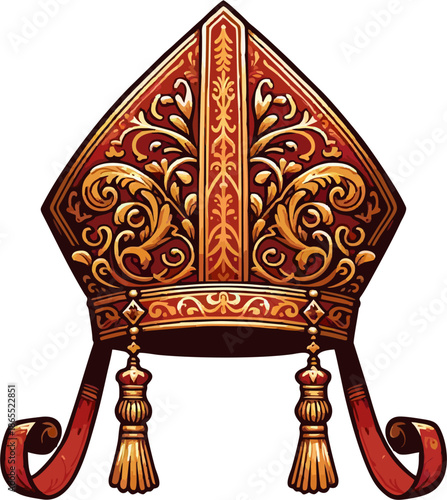 Luxurious Baroque Red Bishop Mitre with Intricate Gold Filigree Embroidery and Red Gold Tassel Ribbons Vector
