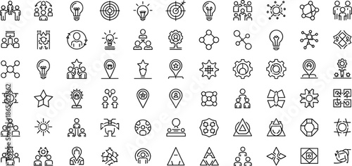Large collection of business line icons, vector set featuring strategy, teamwork, innovation, and management symbols isolated on white background.