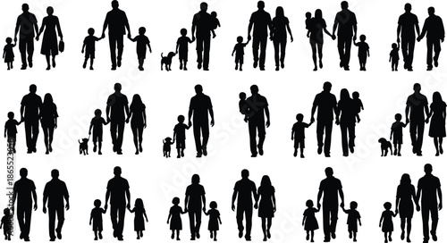 Large set of family silhouettes showing parents and children walking together holding hands with dogs isolated on white background flat vector illustration.