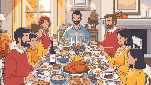 Family gathering around the dinner table for thanksgiving