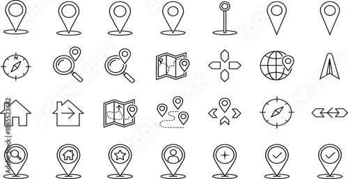 Location map icons, navigation pointer symbols, GPS marker elements, direction search graphics, global position tools, route tracking illustration – cad drawing flat vector illustration