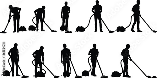 Man vacuuming silhouette set, cleaning worker icons, household chore vector collection, person using vacuum cleaner, home maintenance graphic designs