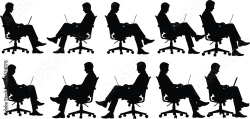Man working on laptop silhouettes, office chair poses, business professional graphics, remote work icons, corporate workspace illustration set