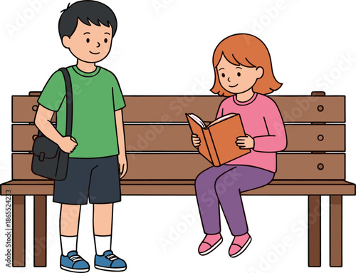 Flat vector illustration of a young schoolboy with a shoulder bag standing next to a girl reading on a bench.