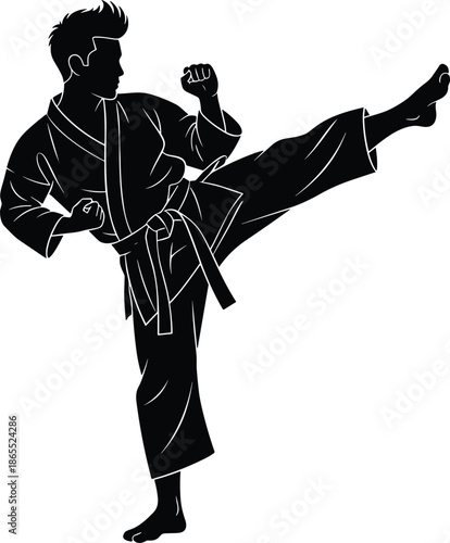martial arts fighter silhouette, karate kick pose illustration, self defense training artwork, disciplined athlete vector design for combat sports
