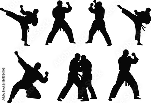 Martial arts silhouette collection, karate fighter poses, kickboxing action figures, self-defense training illustration, black and white combat vector set