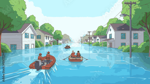 Rescue operation in flooded neighborhood with houses and trees