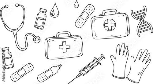 Medical equipment illustration, healthcare tools sketch, first aid kit, syringe, stethoscope, DNA symbol, gloves, black white design, emergency icon
