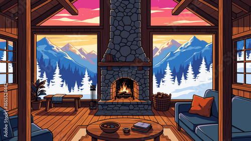 Cozy cabin interior with fireplace and mountain view