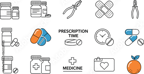 Medical icon vector set, healthcare symbols, pills and bottles, prescription time, wellness tools, black graphic, stock illustration, art