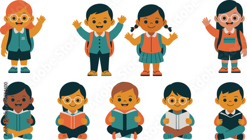Flat vector illustration set of diverse school children characters waving and reading books isolated on a white background.
