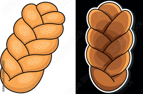 Braided challah bread loaf vector illustration with seeds and sticker style isolated on white and black background.