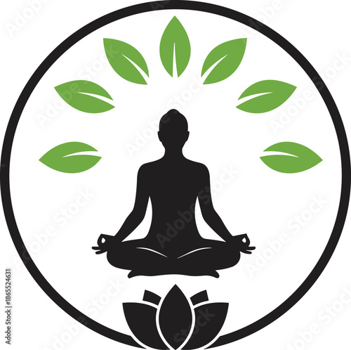 Meditation and yoga silhouette logo, person sitting in lotus pose with leaves, wellness, mindfulness, spiritual balance, natural harmony vector design