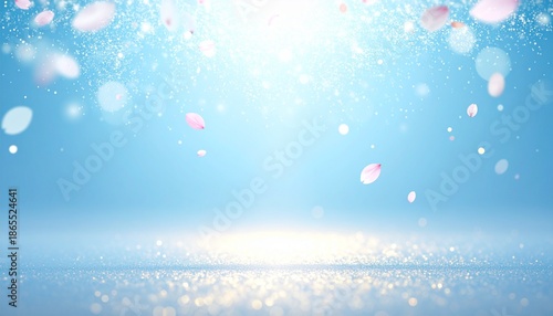 春の訪れを祝う、爽やかなブルーと柔らかな花吹雪の抽象グラデーション