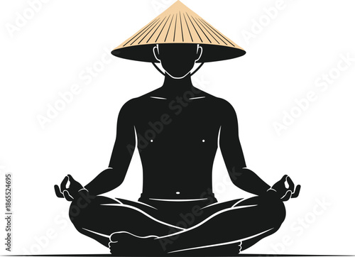 Meditation silhouette, conical hat figure, mindfulness pose, Eastern philosophy, yoga icon, black and tan vector, spiritual practice, calm