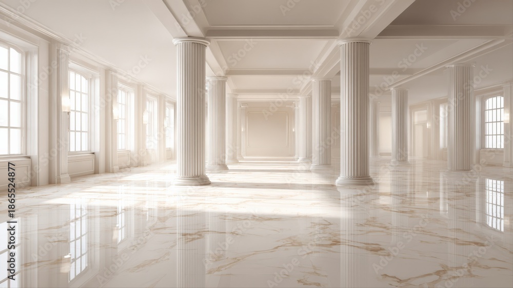 Naklejka premium Elegant Interior Space with Marble Floor, White Columns, and Natural Light for Architecture and Design