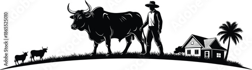 Silhouette of a farmer leading a large bull across a field with a farmhouse and palm tree, cad drawing flat vector illustration,