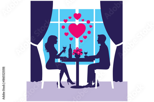 couple sitting at a table with wine and flowers on valentines day in a restaurant