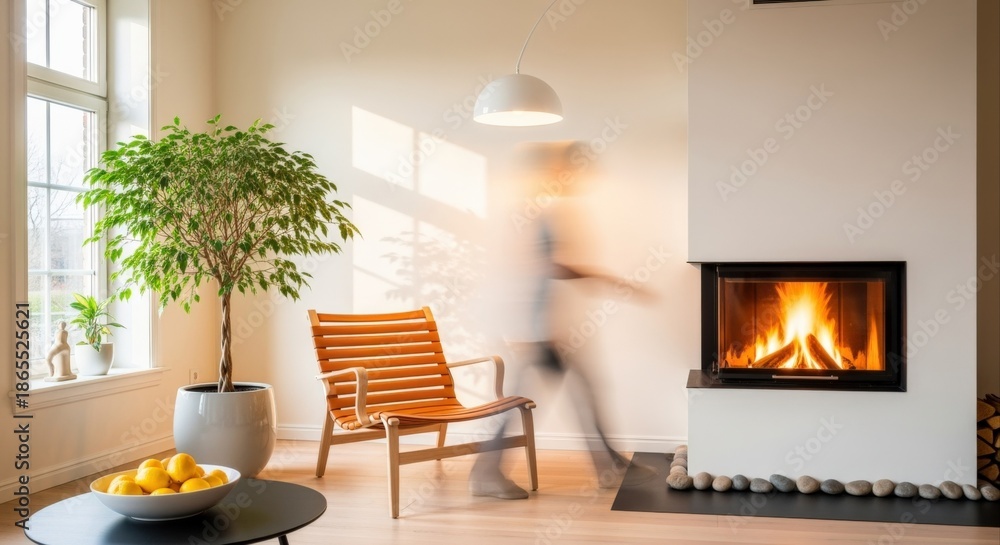 Fototapeta premium Warm and Inviting Living Room with Fireplace, Natural Light, and Stylish Decor for Modern Home Interior