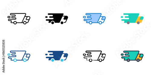 Delivery truck icon set multiple style collection. Editable stroke 
