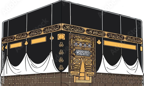 Kaaba isolated vector illustration. Islamic holy shrine building with black Kiswah and golden calligraphy.