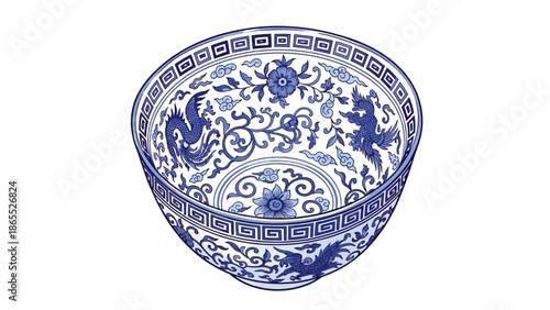 Ornate blue and white porcelain bowl with traditional Chinese dragon and floral patterns, viewed from above on a white background.