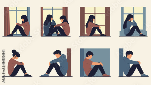Illustrations of sad and lonely people, both men and women, sitting alone by windows or against walls, depicting feelings of isolation and depression.